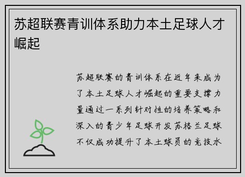 苏超联赛青训体系助力本土足球人才崛起